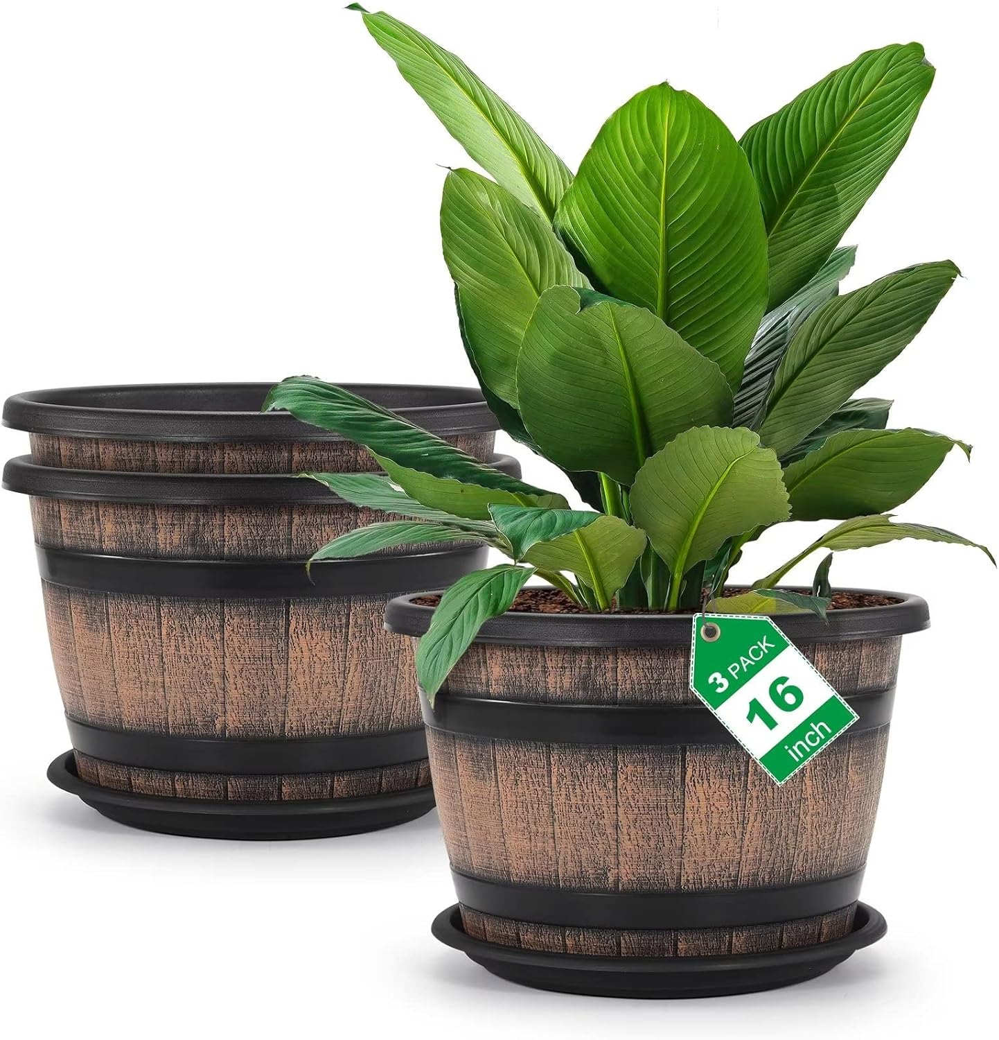 Quarut 3 Pack 10 inch Plant Pots,Whiskey Barrel Planters with Drainage Holes & Saucer, Plastic Decoration Flower Pots Imitation Wine Barrel Design, for Indoor & Outdoor Garden Home Plants (Brown)