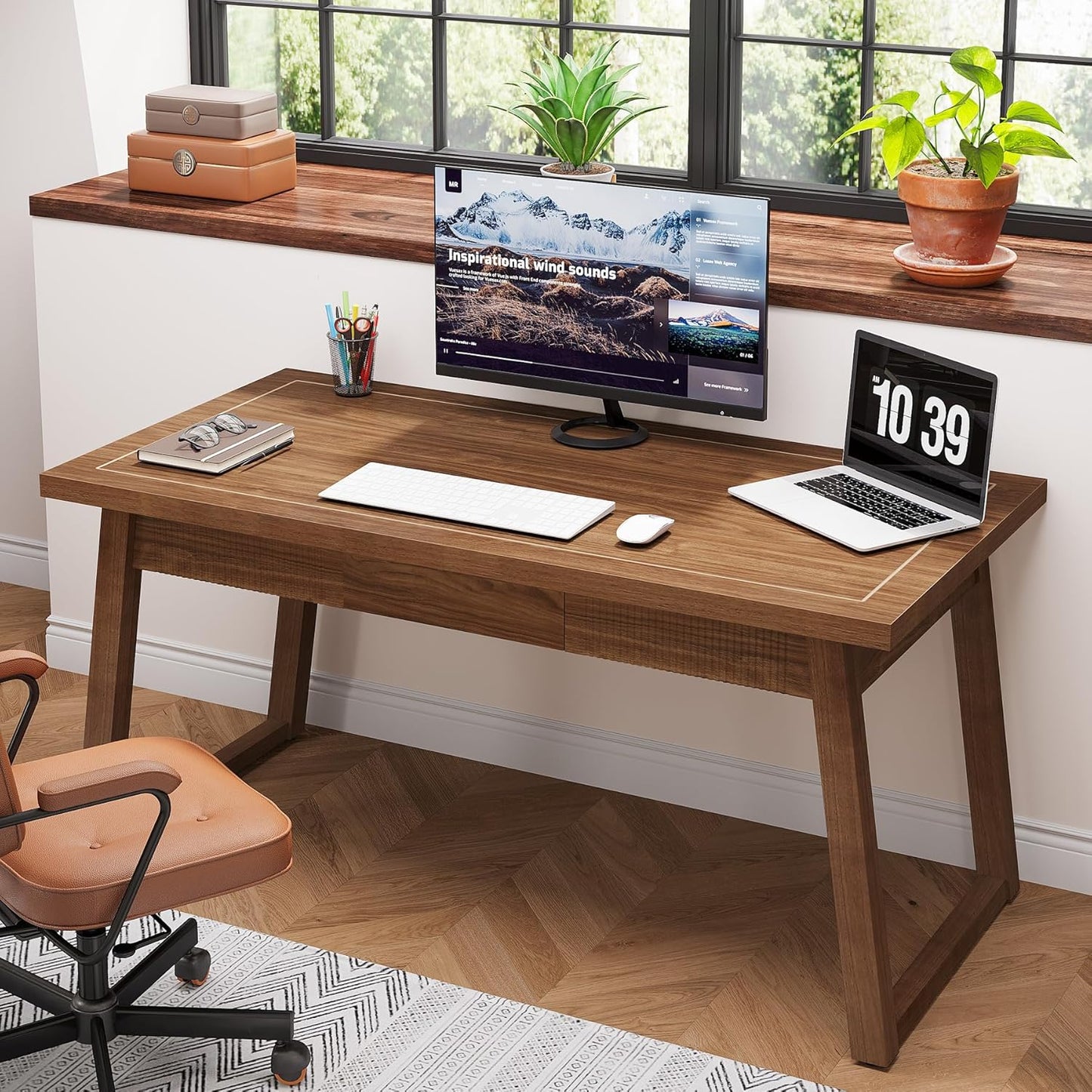 Tribesigns Home Office Executive Desk: 55 Inches Wooden Computer Desk with Drawer, Mid-Century Modern Study Writing Table, Rustic PC Laptop Desk Workstation Furniture, Walnut Brown