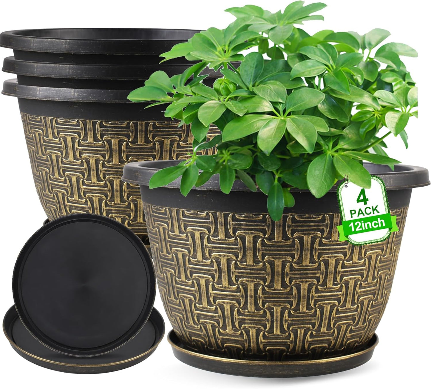 10 Inch Plant Pots, 4 Pack Flower Pots Outdoor with Drainage Holes & Trays, Retro Antique Imitation Decorative Garden Plastic Pots for Plants Indoor Sets for Houseplants