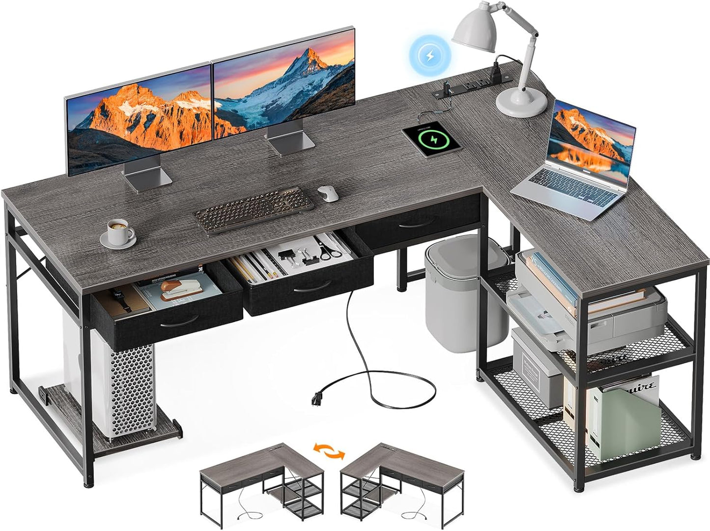 AODK 53 Inch L Shaped Computer Desk with Drawers, Corner Desk with Power Outlets & Reversible Storage Shelves, Movable CPU Stand for Home Office Gaming, White