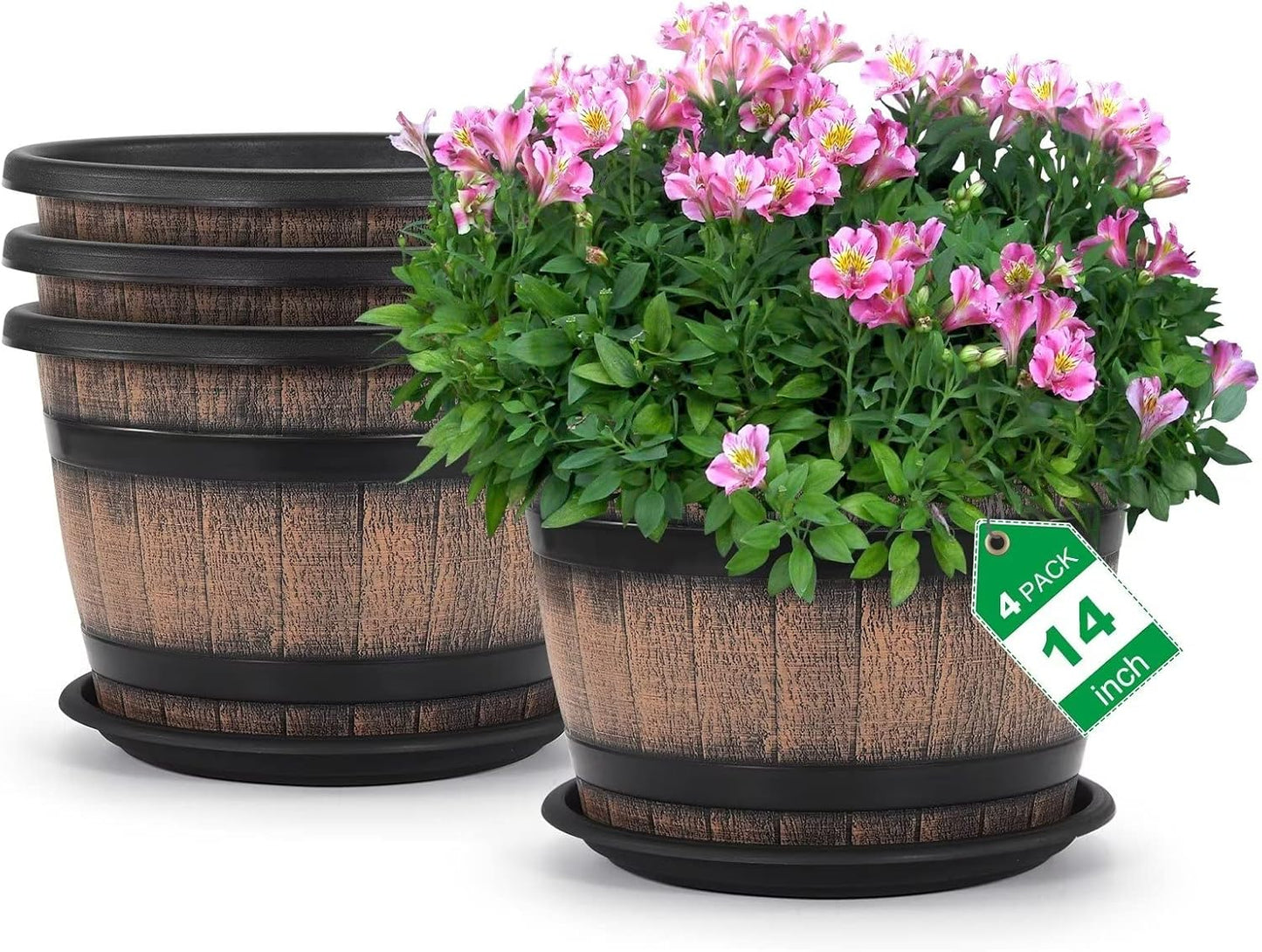 Quarut 3 Pack 10 inch Plant Pots,Whiskey Barrel Planters with Drainage Holes & Saucer, Plastic Decoration Flower Pots Imitation Wine Barrel Design, for Indoor & Outdoor Garden Home Plants (Brown)