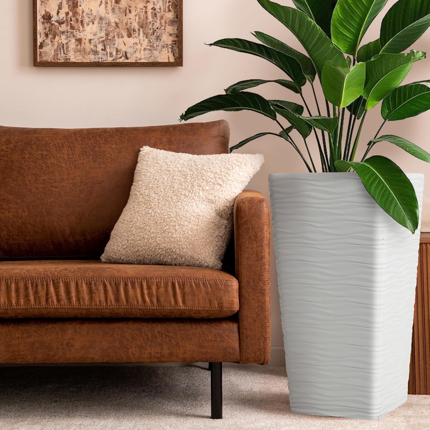 Worth Garden 22" Tall Planters Set of 2 - Plastic White Square Plant Pots - Modern Big Tapered Matte Wavy Tree Flower Pot for Indoor Outdoor Porch Deck