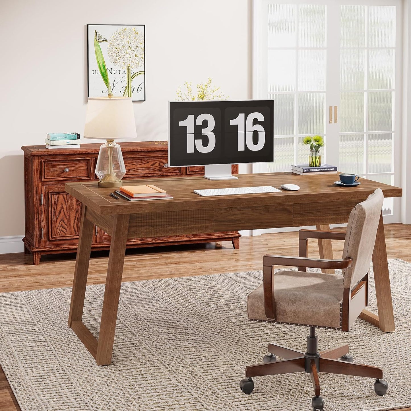 Tribesigns Home Office Executive Desk: 55 Inches Wooden Computer Desk with Drawer, Mid-Century Modern Study Writing Table, Rustic PC Laptop Desk Workstation Furniture, Walnut Brown