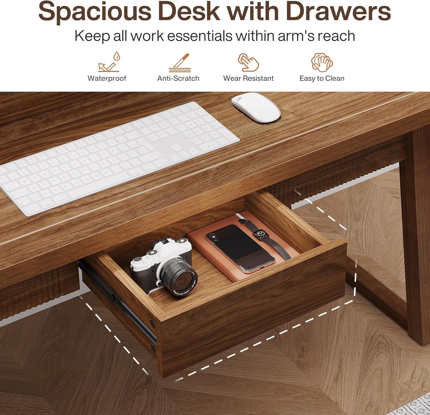 Tribesigns Home Office Executive Desk: 55 Inches Wooden Computer Desk with Drawer, Mid-Century Modern Study Writing Table, Rustic PC Laptop Desk Workstation Furniture, Walnut Brown