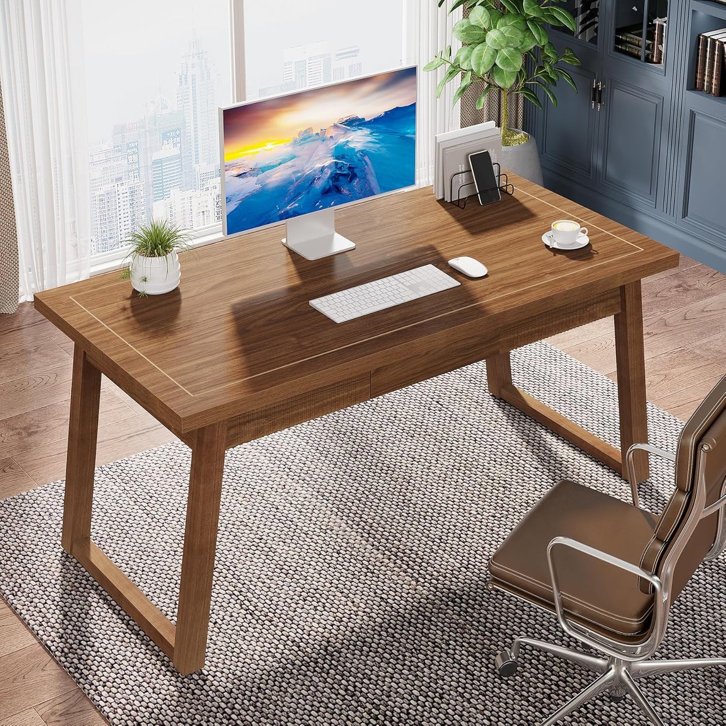 Tribesigns Home Office Executive Desk: 55 Inches Wooden Computer Desk with Drawer, Mid-Century Modern Study Writing Table, Rustic PC Laptop Desk Workstation Furniture, Walnut Brown