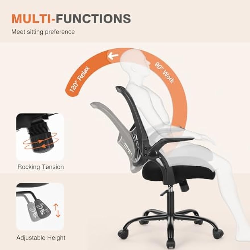 Sweetcrispy Office Computer Desk Chair, Ergonomic Mid-Back Mesh Rolling Work Swivel Task Chairs with Wheels, Comfortable Lumbar Support, Comfy Flip-up Arms for Home, Bedroom, Study, Student, Black
