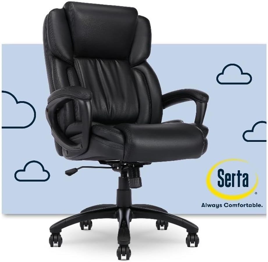 Serta Garret Executive Office Chair, Ergonomic Mid-Back with Lumbar Support, Semi-Plush Cushion and Body Pillows, Padded Armrests, Swivel Base, Bonded Leather, High, Brown
