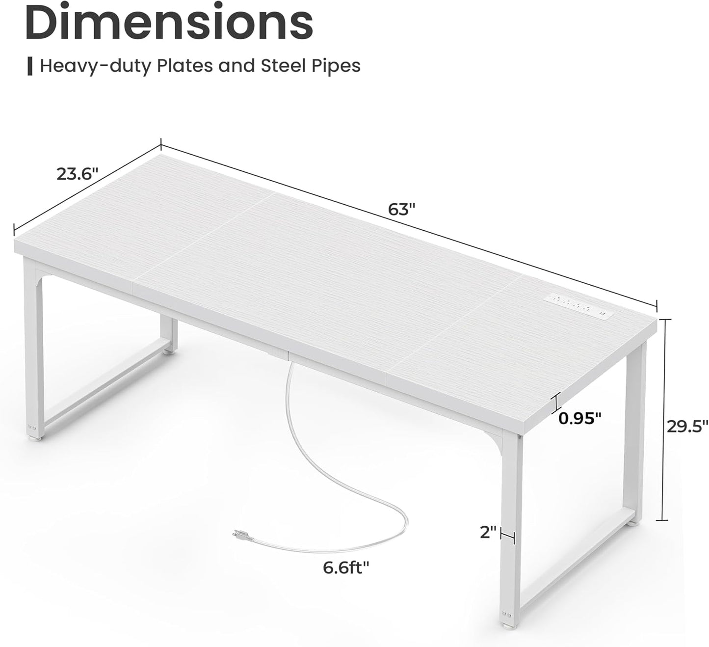 Huuger 63 x 24 inch Desk with Power Outlets & USB-C, Deeper & Thicker Desktop, Robust Metal Tubes, Computer Desk, Heavy Duty Office Desk, Work Gaming Desk, for Home Office, White