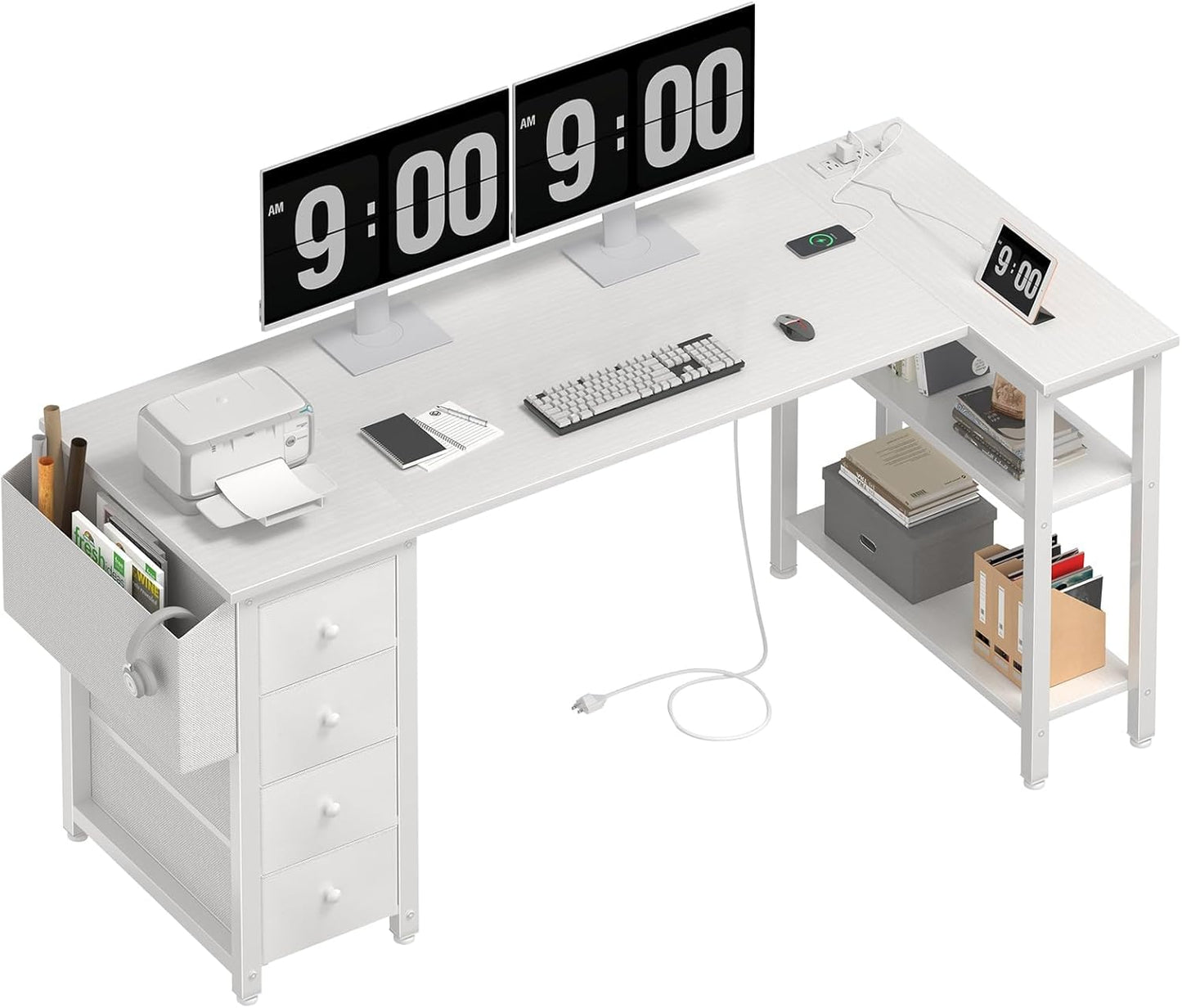 Lufeiya White L Shaped Computer Desk with Drawers & Storage Shelves, 47 Inch Corner Reversible Desk with Power Outlet for Home Office Bedroom, L-Shaped Teen PC Desks with Fabric Drawer, White