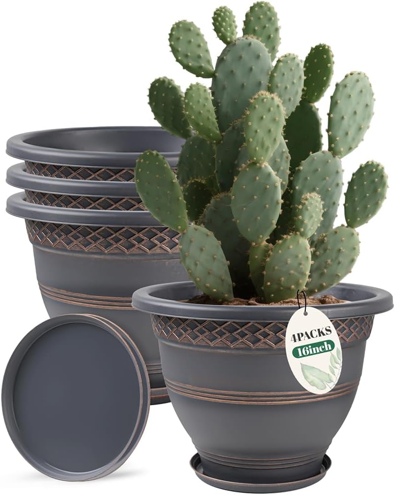10 Inch 4 Pack Large Plant Pots, Plastic Flower Pot for Indoor & Outdoor with Drainage Holes & Saucer, Plaid Pattern Planters Garden Pots for Herbs
