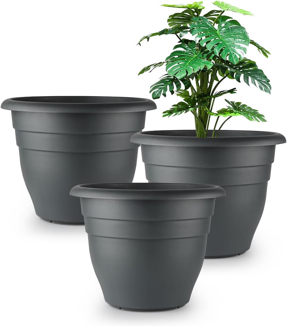 Plant Pots Set of 5, 10" Outside Diameter Flower Pots, 8.5" Inner Diameter Planters with Drainage Hole, Durable Garden Pots Perfect for Indoor & Outdoor Plant Planting, Decor, Gray