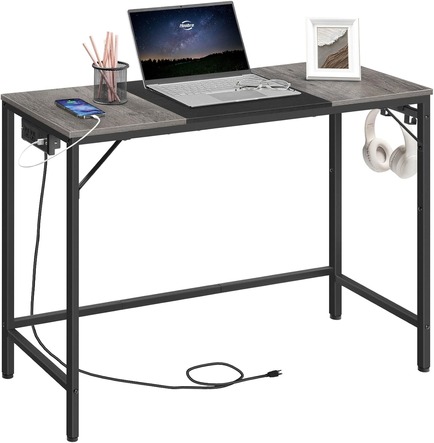 HOOBRO Computer Desk, Home Office Desk with Power Outlet, Modern Study Writing Desk with 3 Hooks for Study Room, Home Office, Sturdy and Stable, Easy to Assemble, Rustic Brown and Black BF40UDN01