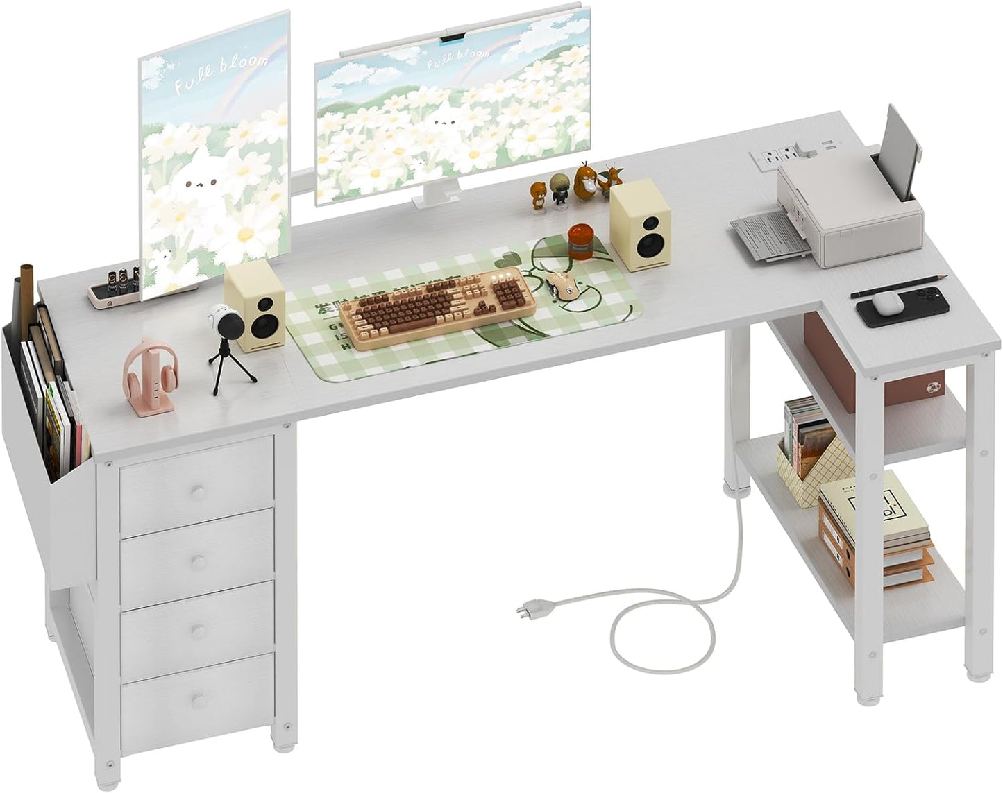 Lufeiya White L Shaped Computer Desk with Drawers & Storage Shelves, 47 Inch Corner Reversible Desk with Power Outlet for Home Office Bedroom, L-Shaped Teen PC Desks with Fabric Drawer, White