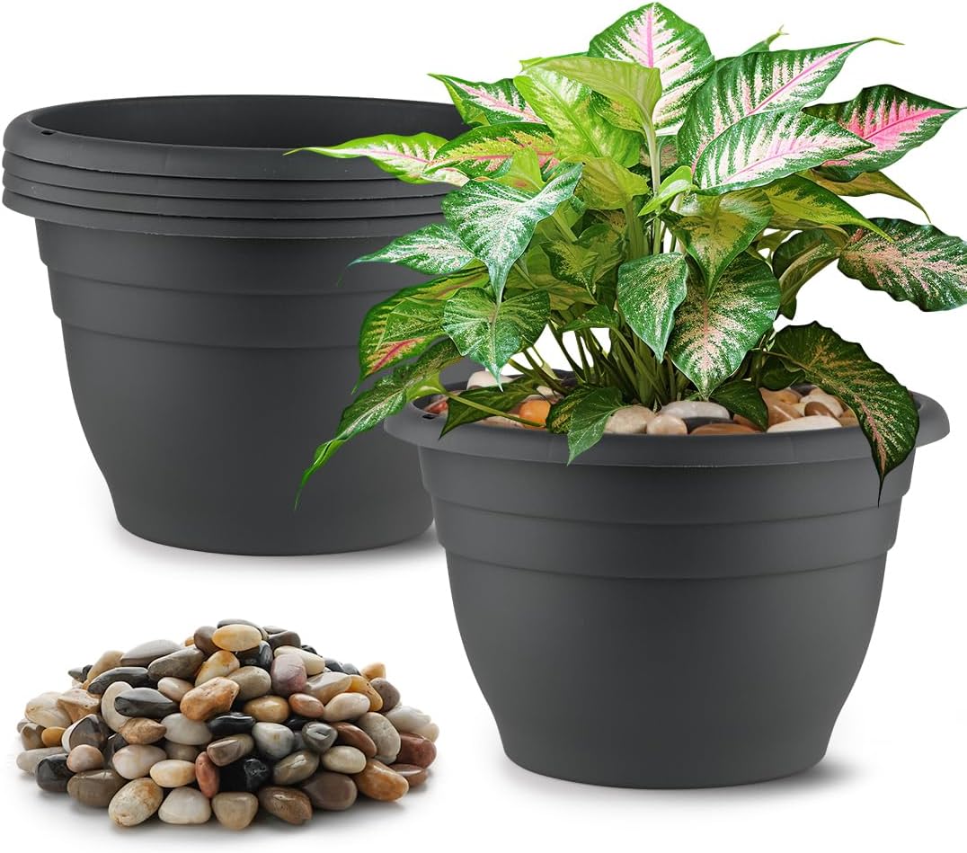 Plant Pots Set of 5, 10" Outside Diameter Flower Pots, 8.5" Inner Diameter Planters with Drainage Hole, Durable Garden Pots Perfect for Indoor & Outdoor Plant Planting, Decor, Gray