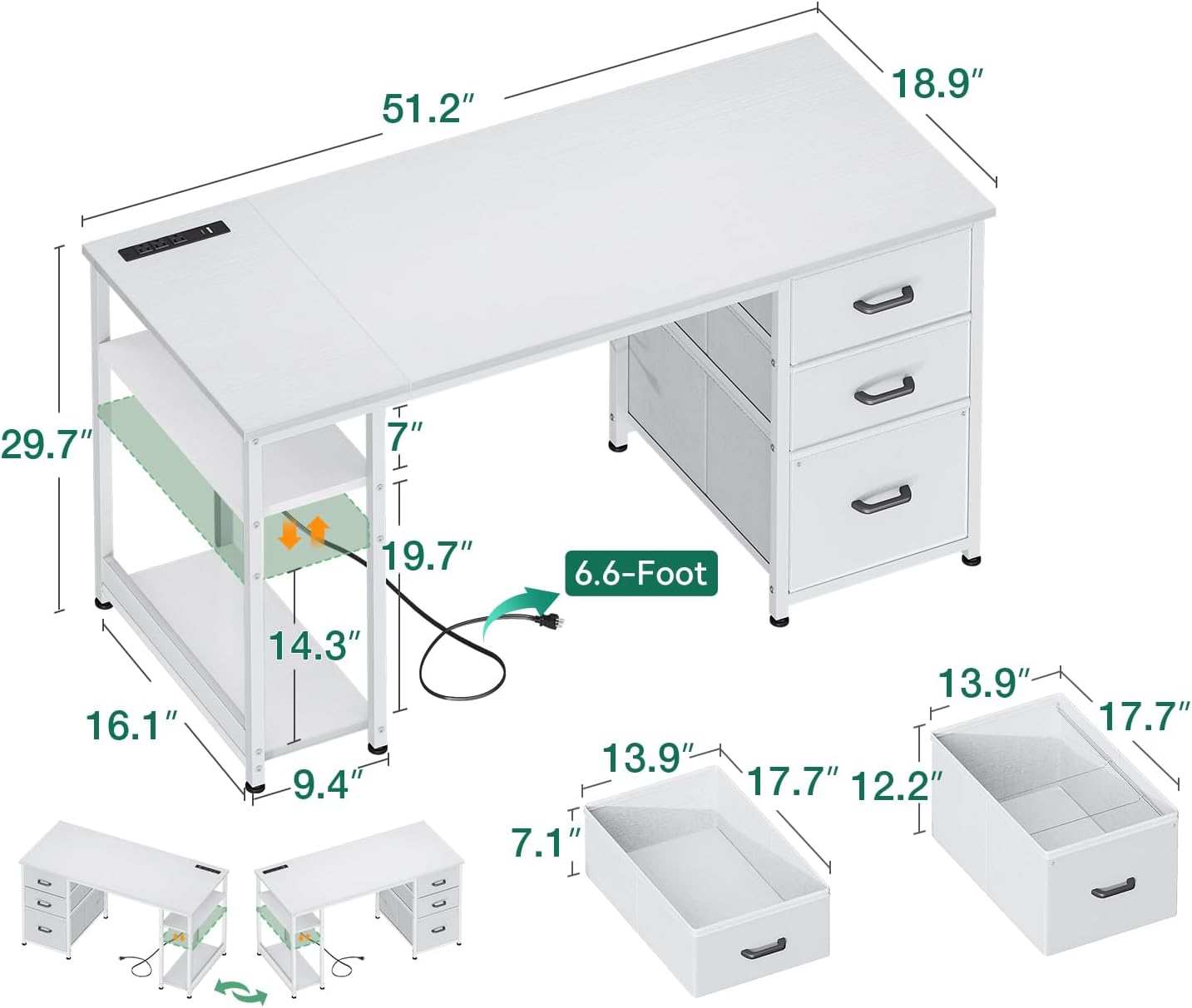 AODK 51 Inch Computer Desk with File Drawers & USB Power Outlets - Reversible Home Office Desk with Storage Shelves, Work from Home, Modern Work/Writing/Study Table for Bedroom, White