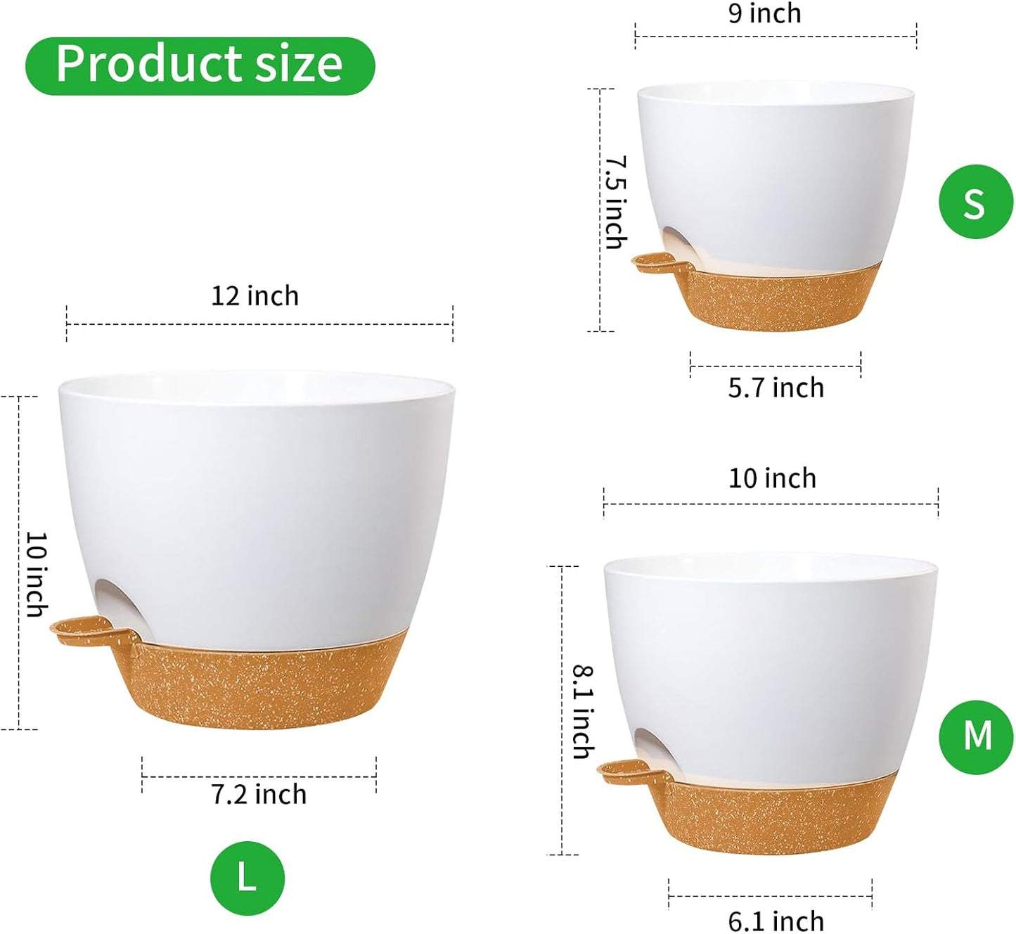 Self Watering Planters, Plant Pots 12/10/9 inch Set of 3, Flower Pots with Drainage Holes for Indoor Outdoor Plants and Flowers, White
