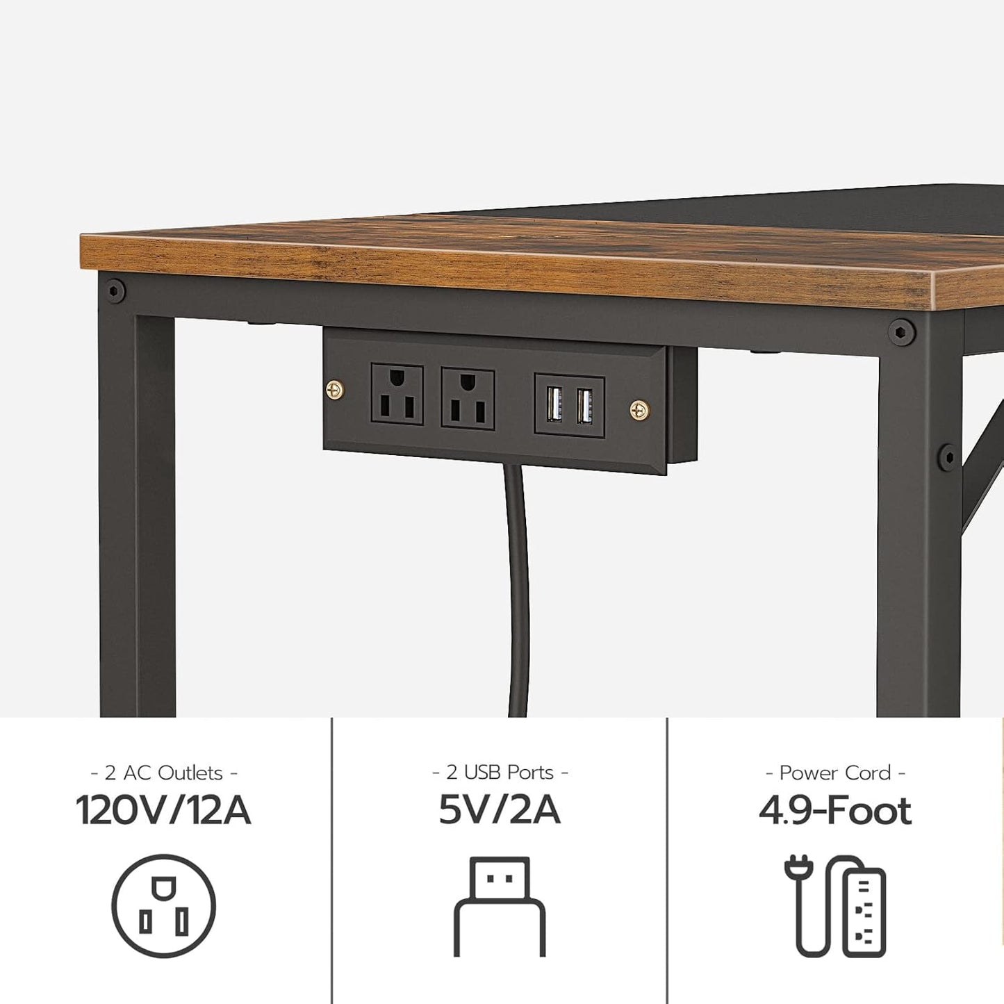 HOOBRO Computer Desk, Home Office Desk with Power Outlet, Modern Study Writing Desk with 3 Hooks for Study Room, Home Office, Sturdy and Stable, Easy to Assemble, Rustic Brown and Black BF40UDN01