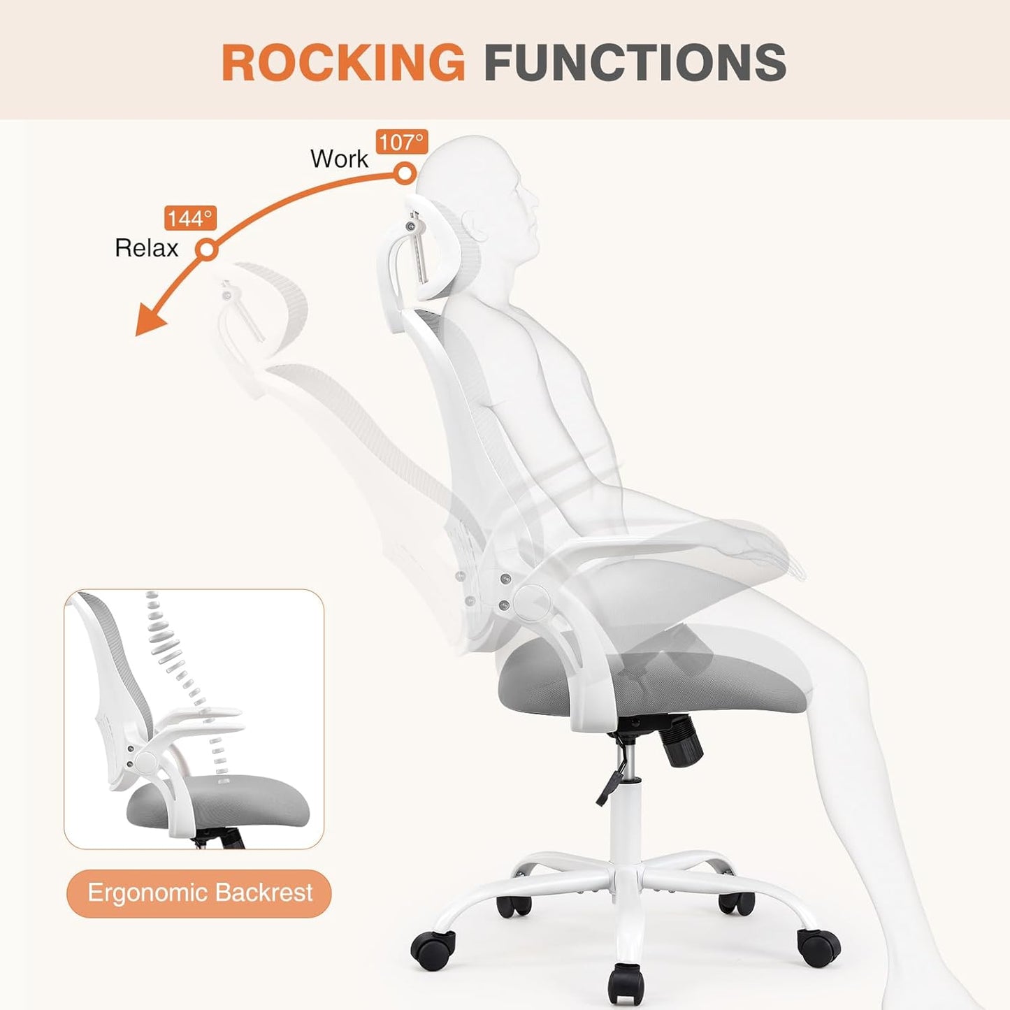 Sweetcrispy High-Back Mesh Home Office Chair with Adjustable Headrest and Lumbar Support, Flip-up Armrest Ergonomic Rolling Work Chair for Study, and Bedroom, Grey