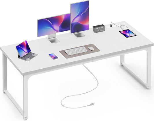 Huuger 63 x 24 inch Desk with Power Outlets & USB-C, Deeper & Thicker Desktop, Robust Metal Tubes, Computer Desk, Heavy Duty Office Desk, Work Gaming Desk, for Home Office, White
