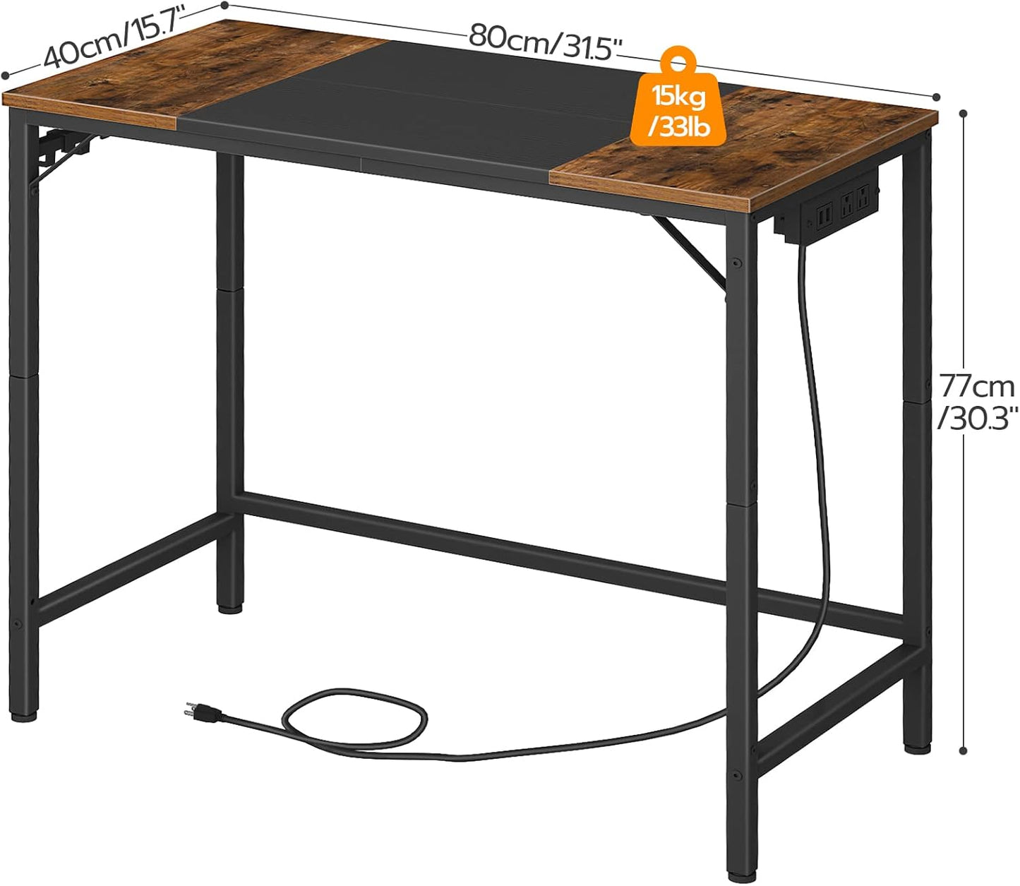 HOOBRO Computer Desk, Home Office Desk with Power Outlet, Modern Study Writing Desk with 3 Hooks for Study Room, Home Office, Sturdy and Stable, Easy to Assemble, Rustic Brown and Black BF40UDN01