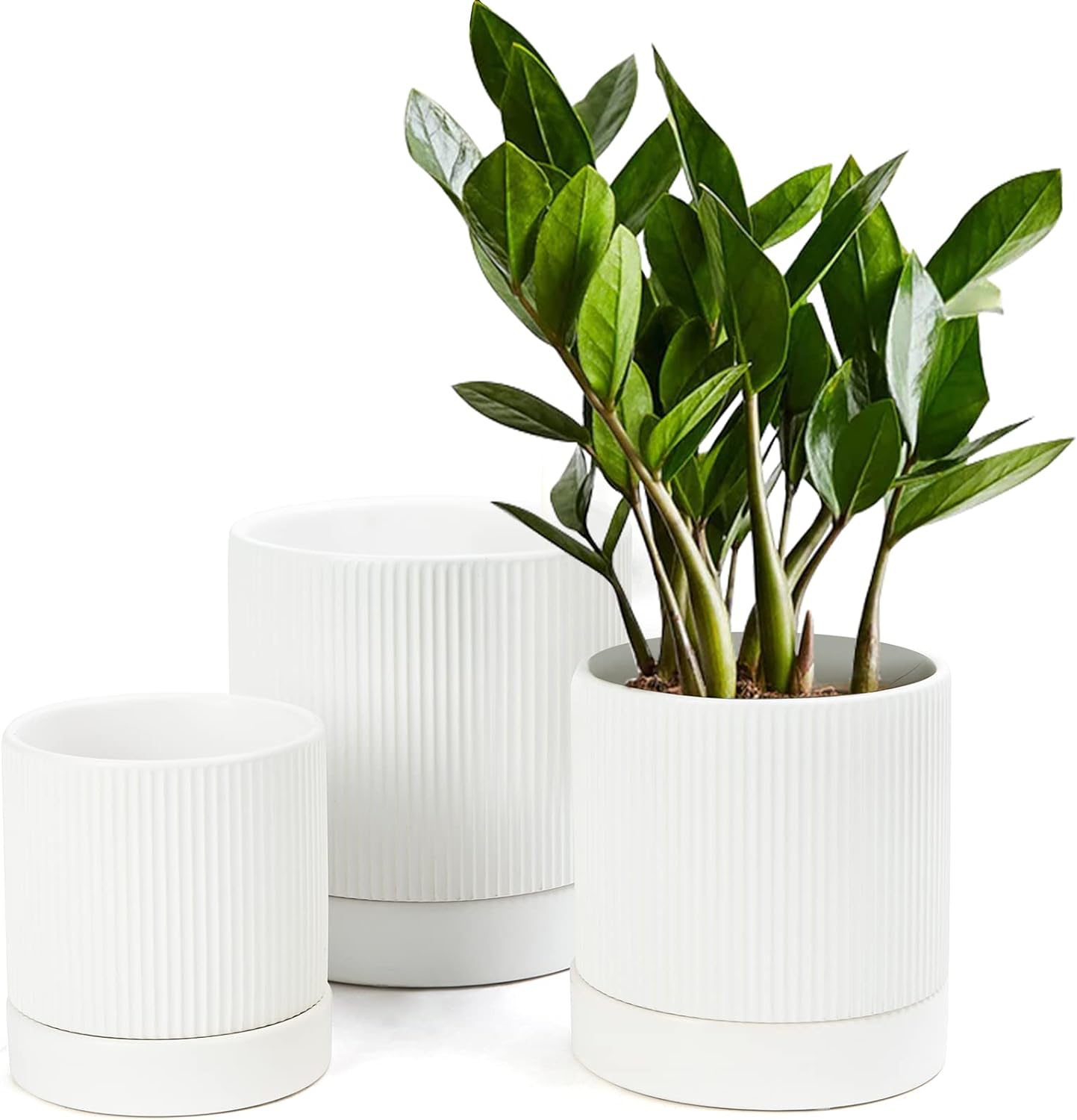 LaDoVita 3 Pack Ceramic Plant Pots 6/5/4 inch, Flowerpot for Indoor Plants with Drainage Holes and Tray, Outdoor Garden Planters, Modern Decorative for Home, Pink Vertical Stripes