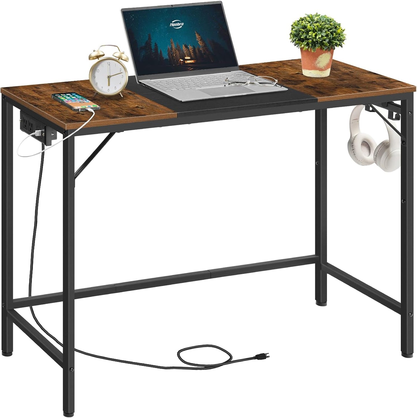 HOOBRO Computer Desk, Home Office Desk with Power Outlet, Modern Study Writing Desk with 3 Hooks for Study Room, Home Office, Sturdy and Stable, Easy to Assemble, Rustic Brown and Black BF40UDN01