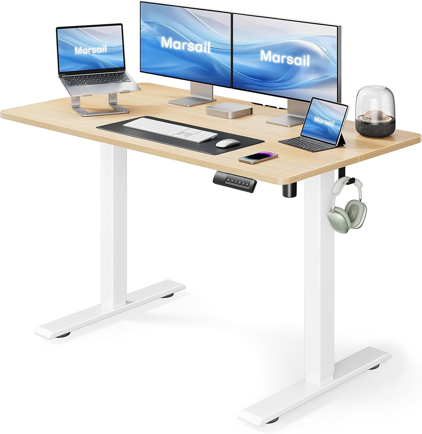 Marsail Standing Desk Adjustable Height Stand up Home Office Desk,‎ 48x24 Inch Electric Standing Computer Desk, with 4 Memory Presets, Headphone Hook, Cable Organizer, Black