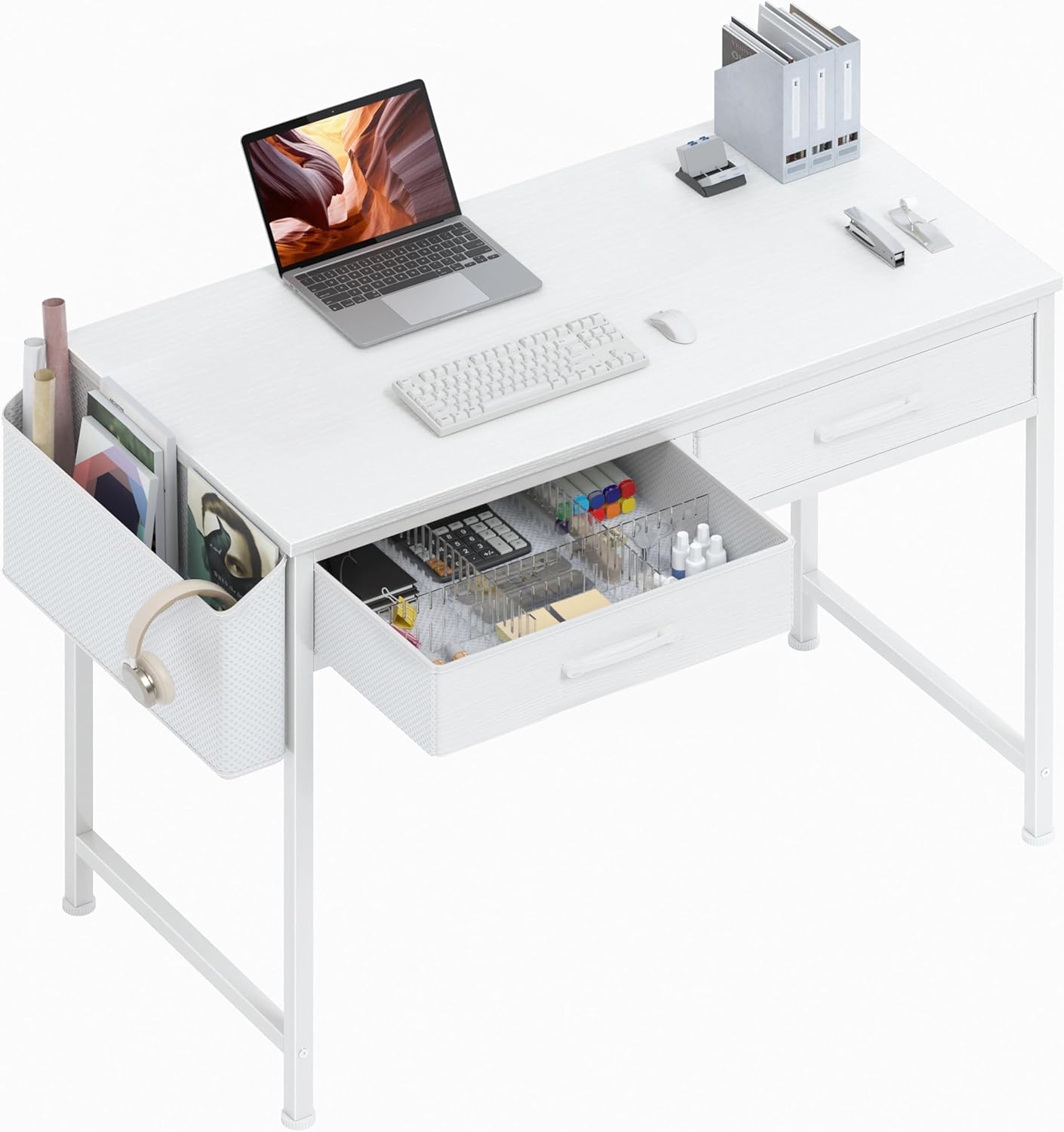 DLisiting Small Desk with Fabric Drawers for Bedroom, 32 Inch Gaming Desk with 2 Drawers for Small Space, Study Writing Table PC Desks, Black