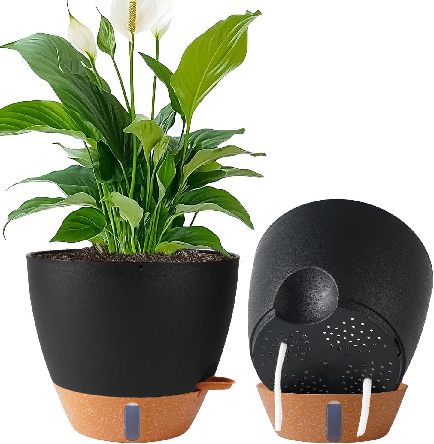 8/10/12 Inch Self Watering Pots for Indoor/Outdoor Plants - Large Plastic Planter with Drainage Holes, Water Level Indicator & Deep Reservoir, Modern Decorative Flower Pots (Black)