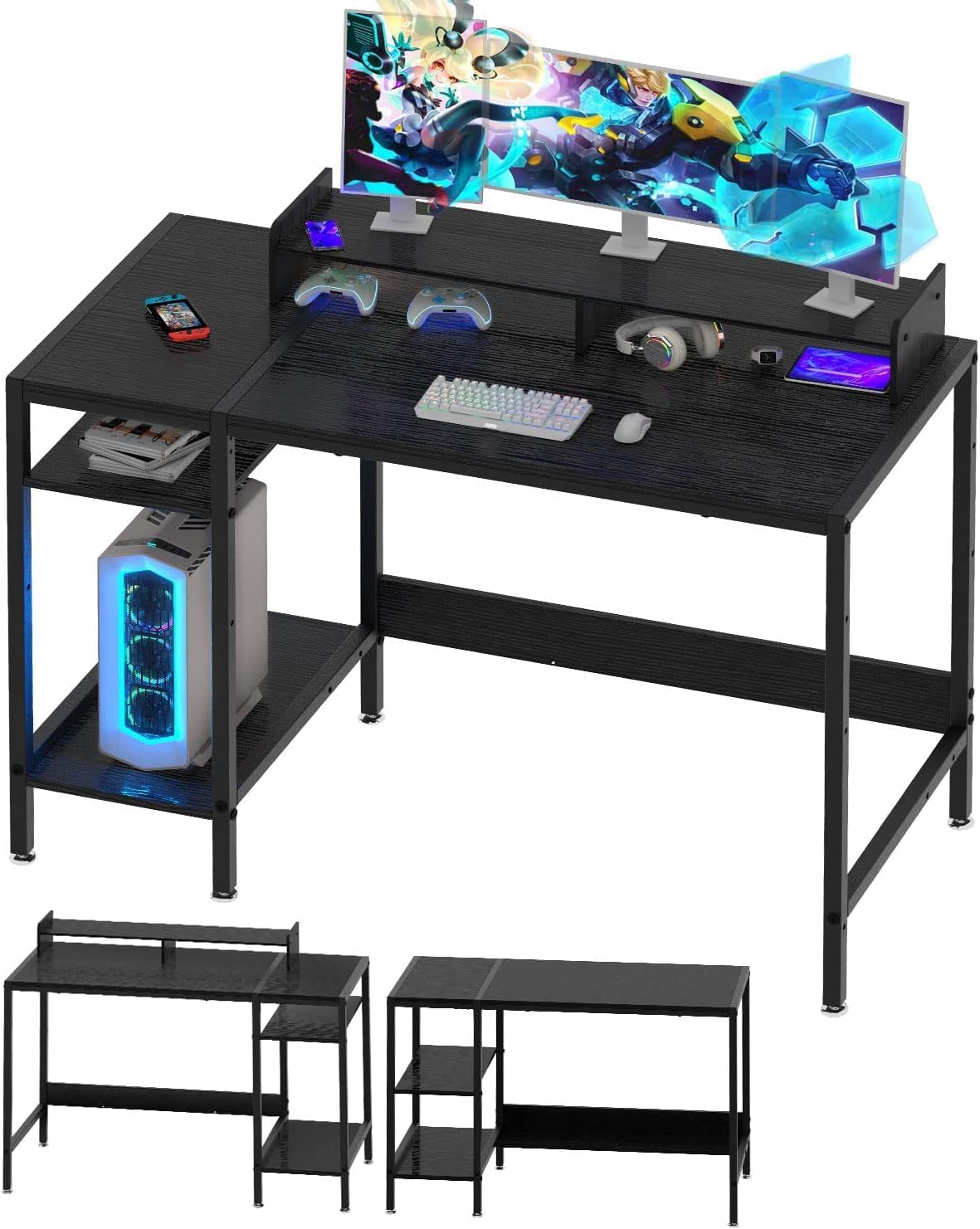 Computer Desk - 39” Gaming Desk, Home Office Table with Storage, Small Desk with Monitor Stand, Adjustable Storage Space, Modern Design Corner Table.