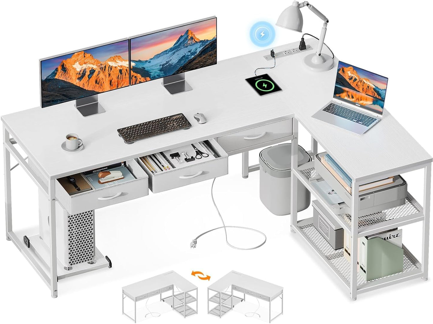 AODK 53 Inch L Shaped Computer Desk with Drawers, Corner Desk with Power Outlets & Reversible Storage Shelves, Movable CPU Stand for Home Office Gaming, White