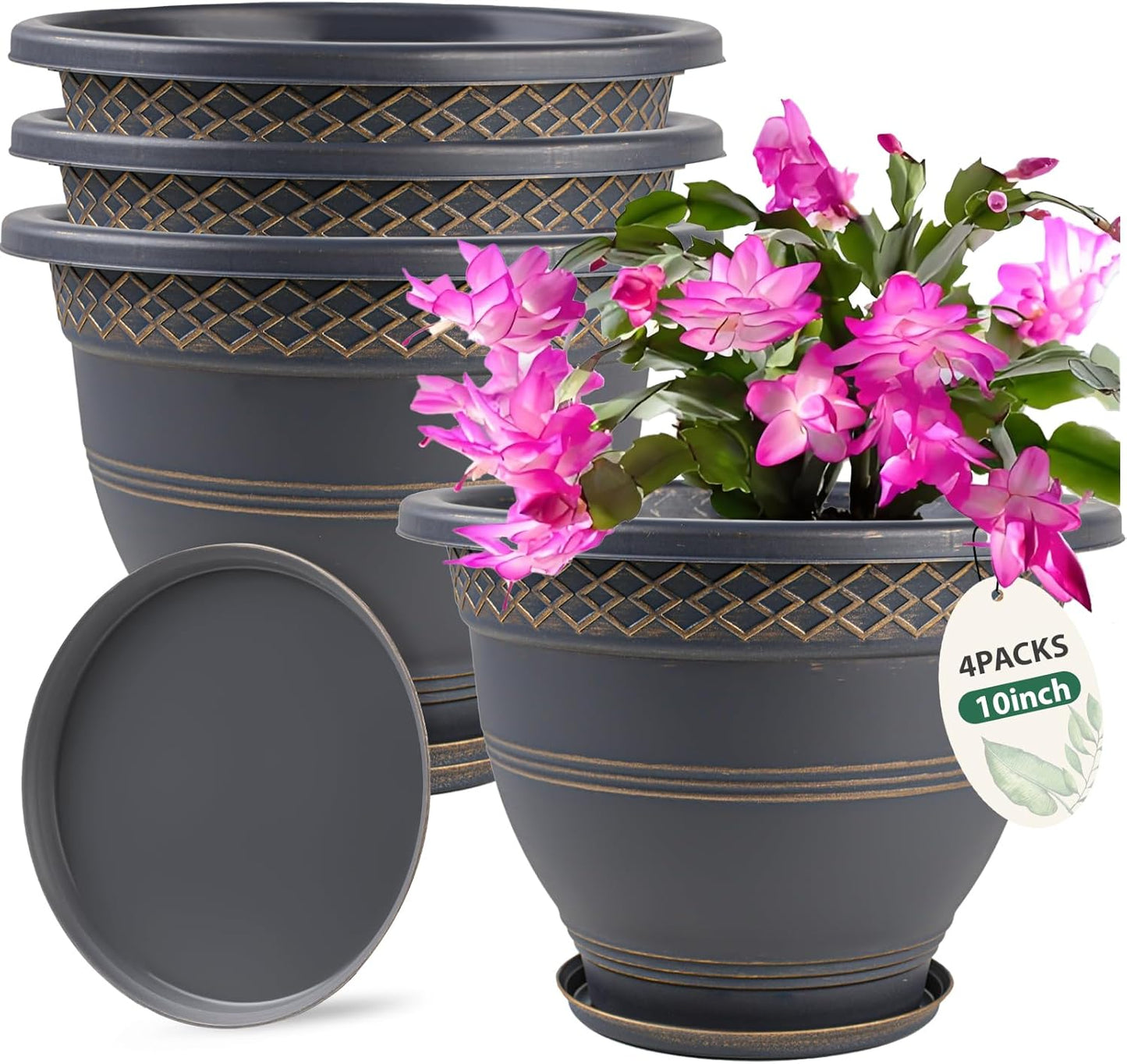 4 Pack 12 Inch Large Plant Pots, Plastic Flower Pot for Indoor & Outdoor with Drainage Holes & Saucer, Plaid Pattern Planters Garden Pots for Herbs
