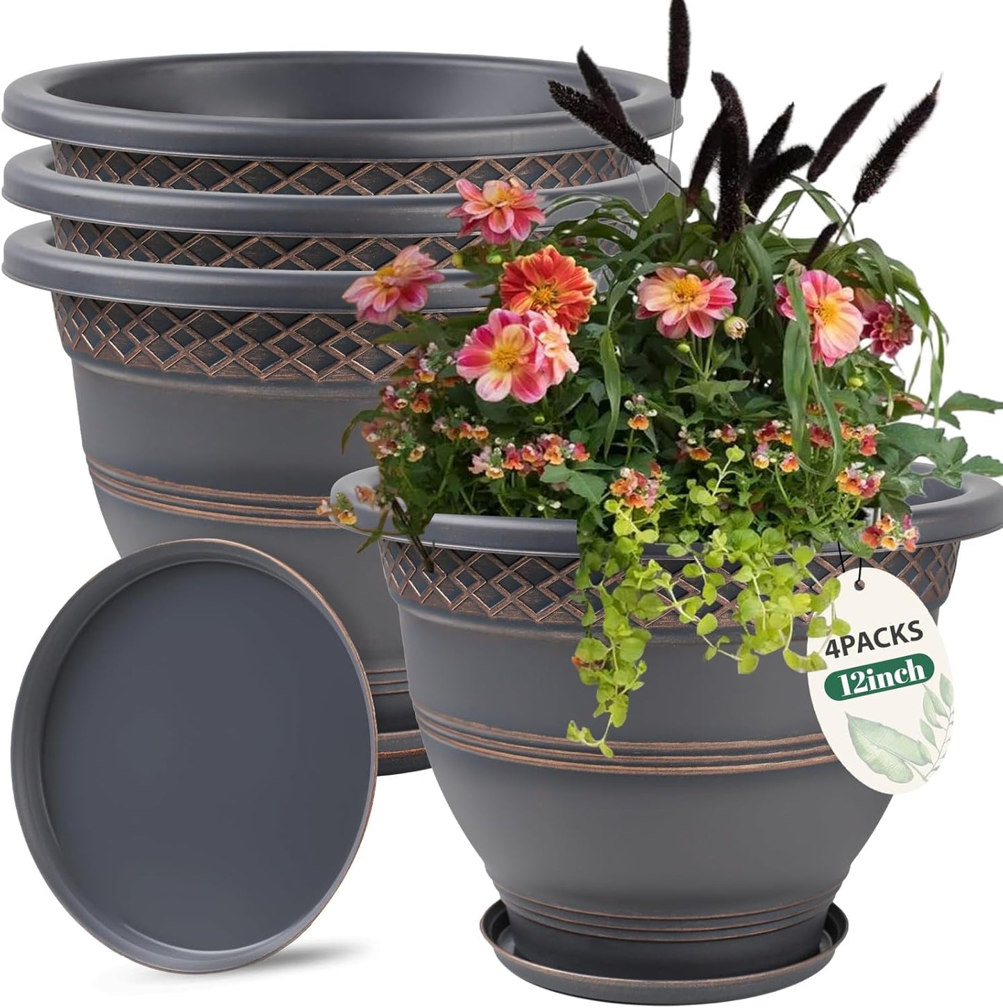 10 Inch 4 Pack Large Plant Pots, Plastic Flower Pot for Indoor & Outdoor with Drainage Holes & Saucer, Plaid Pattern Planters Garden Pots for Herbs