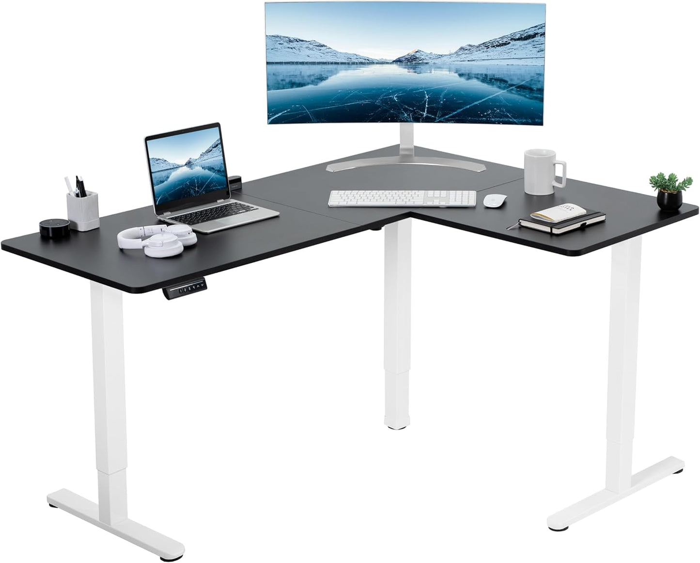 VIVO Electric Corner L-Shaped 63 x 55 in Standing Desk, Memory Height Adjustment, Black Top Black Frame, DESK-E3CTB