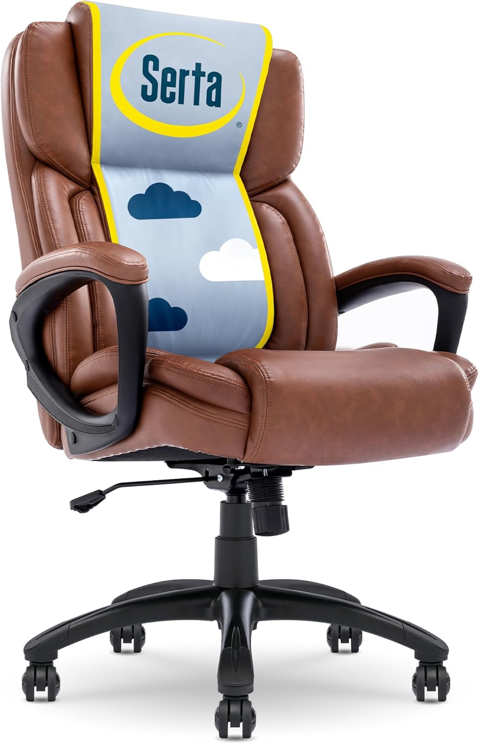 Serta Garret Executive Office Chair, Ergonomic Mid-Back with Lumbar Support, Semi-Plush Cushion and Body Pillows, Padded Armrests, Swivel Base, Bonded Leather, High, Brown