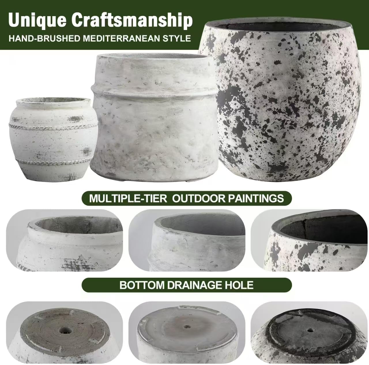 Craft flowerpots 18"+13"+19" Dia Round Concrete Planter Set of 3 Large Outdoor/Indoor Planter Pots Containers with Drainage Holes and Rubber Plug for Home Garden (White, Large)