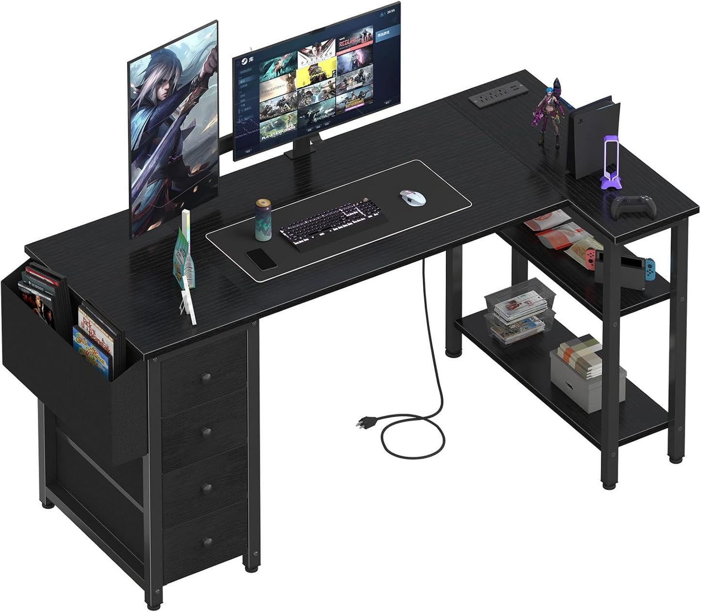 Lufeiya White L Shaped Computer Desk with Drawers & Storage Shelves, 47 Inch Corner Reversible Desk with Power Outlet for Home Office Bedroom, L-Shaped Teen PC Desks with Fabric Drawer, White