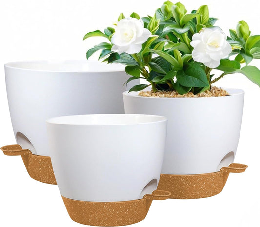 Self Watering Planters, Plant Pots 12/10/9 inch Set of 3, Flower Pots with Drainage Holes for Indoor Outdoor Plants and Flowers, White