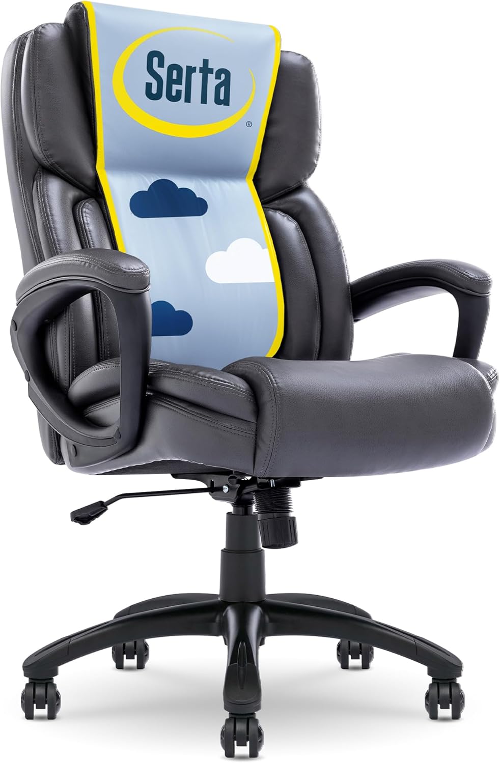 Serta Garret Executive Office Chair, Ergonomic Mid-Back with Lumbar Support, Semi-Plush Cushion and Body Pillows, Padded Armrests, Swivel Base, Bonded Leather, High, Brown