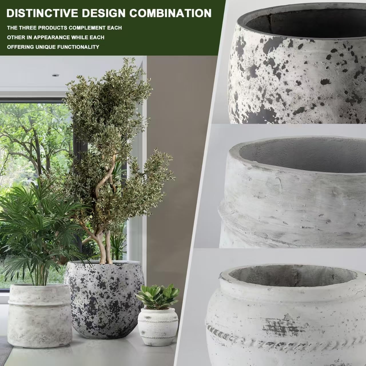 Craft flowerpots 18"+13"+19" Dia Round Concrete Planter Set of 3 Large Outdoor/Indoor Planter Pots Containers with Drainage Holes and Rubber Plug for Home Garden (White, Large)