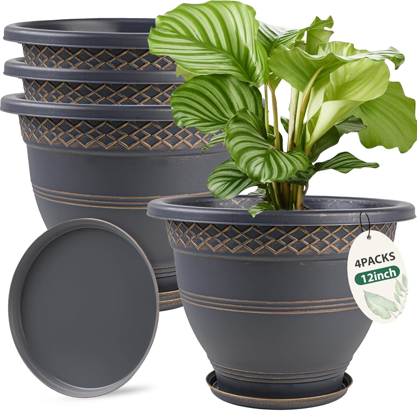 10 Inch 4 Pack Large Plant Pots, Plastic Flower Pot for Indoor & Outdoor with Drainage Holes & Saucer, Plaid Pattern Planters Garden Pots for Herbs