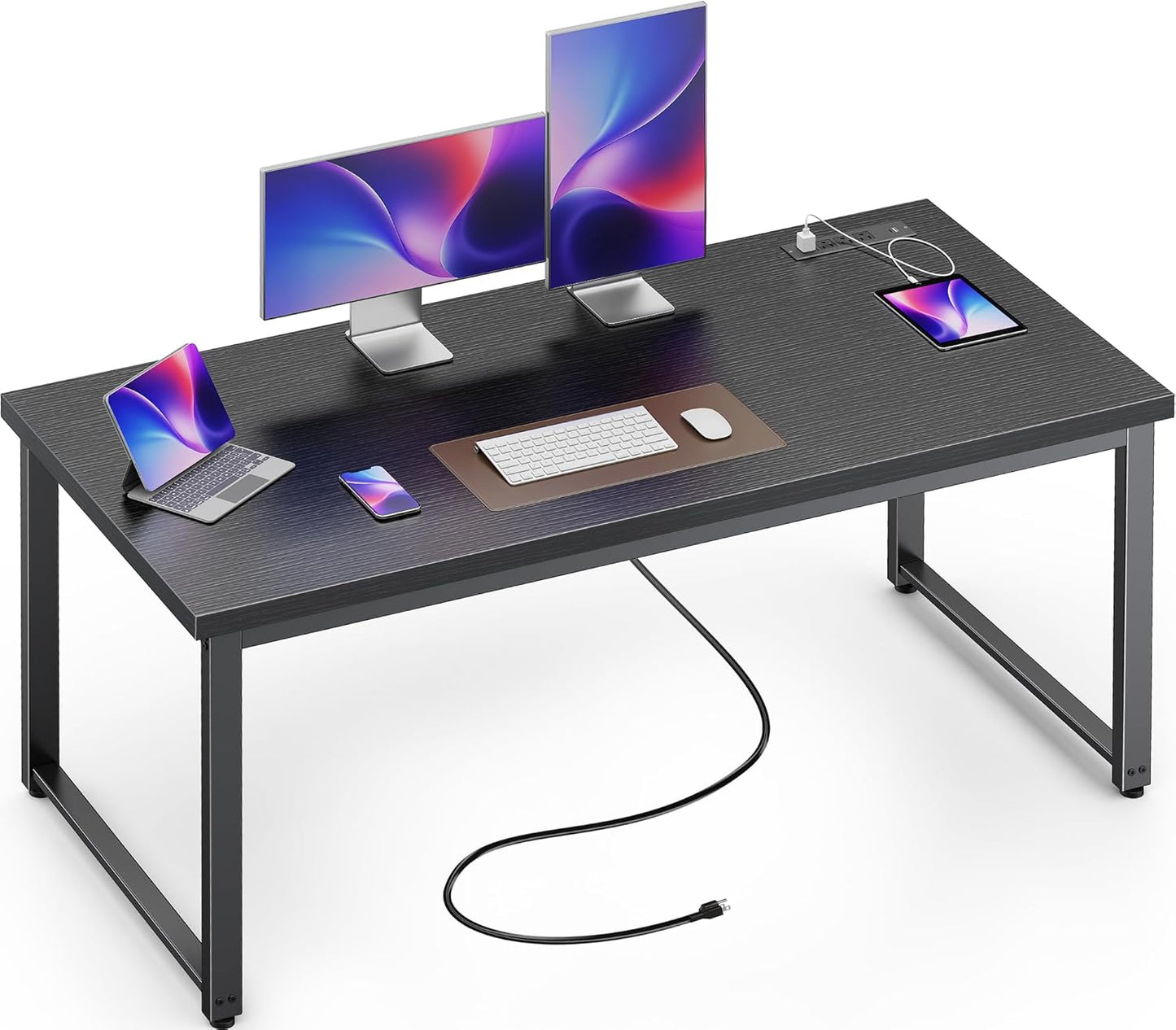 Huuger 63 x 24 inch Desk with Power Outlets & USB-C, Deeper & Thicker Desktop, Robust Metal Tubes, Computer Desk, Heavy Duty Office Desk, Work Gaming Desk, for Home Office, White