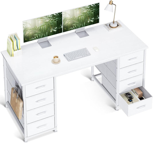 ODK 48 Inch White Computer Desk with 8 Fabric Drawers, Modern Office Desk with Large Storage for Home Office, Study, Gaming, White