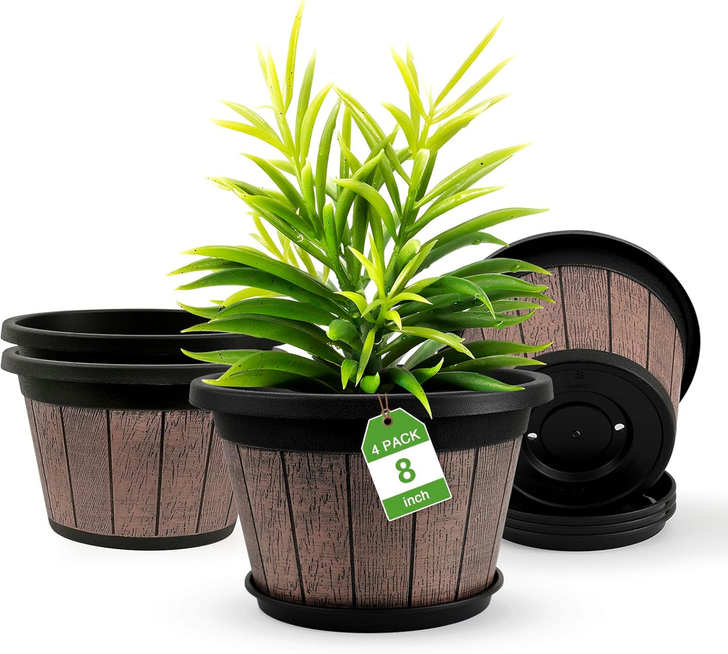 Quarut 4 Pack 10 inch Plant Pots,Upgrade Whiskey Barrel Planters with Drainage Holes & Saucer,Plastic Decoration Flower Pots Retro Design,Planters for Outdoor Indoor Garden Home Plants (Brown)