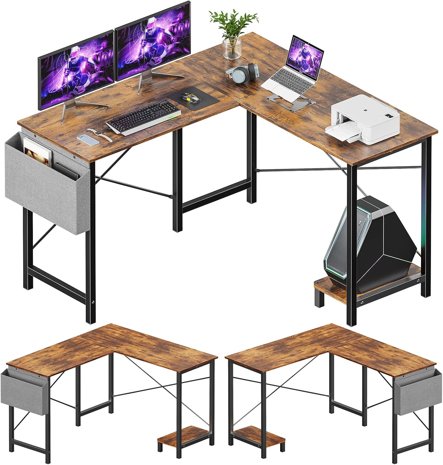 Sweetcrispy L Shaped Desk - Computer Desk Corner Desks Gaming Desk PC Table with CPU Stand Side Bag for Home Office Dorm Sturdy Writing Workstation, Black, 50-Inch