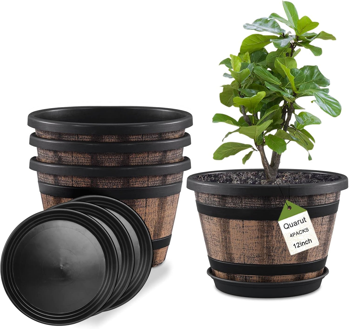 Quarut 3 Pack 10 inch Plant Pots,Whiskey Barrel Planters with Drainage Holes & Saucer, Plastic Decoration Flower Pots Imitation Wine Barrel Design, for Indoor & Outdoor Garden Home Plants (Brown)
