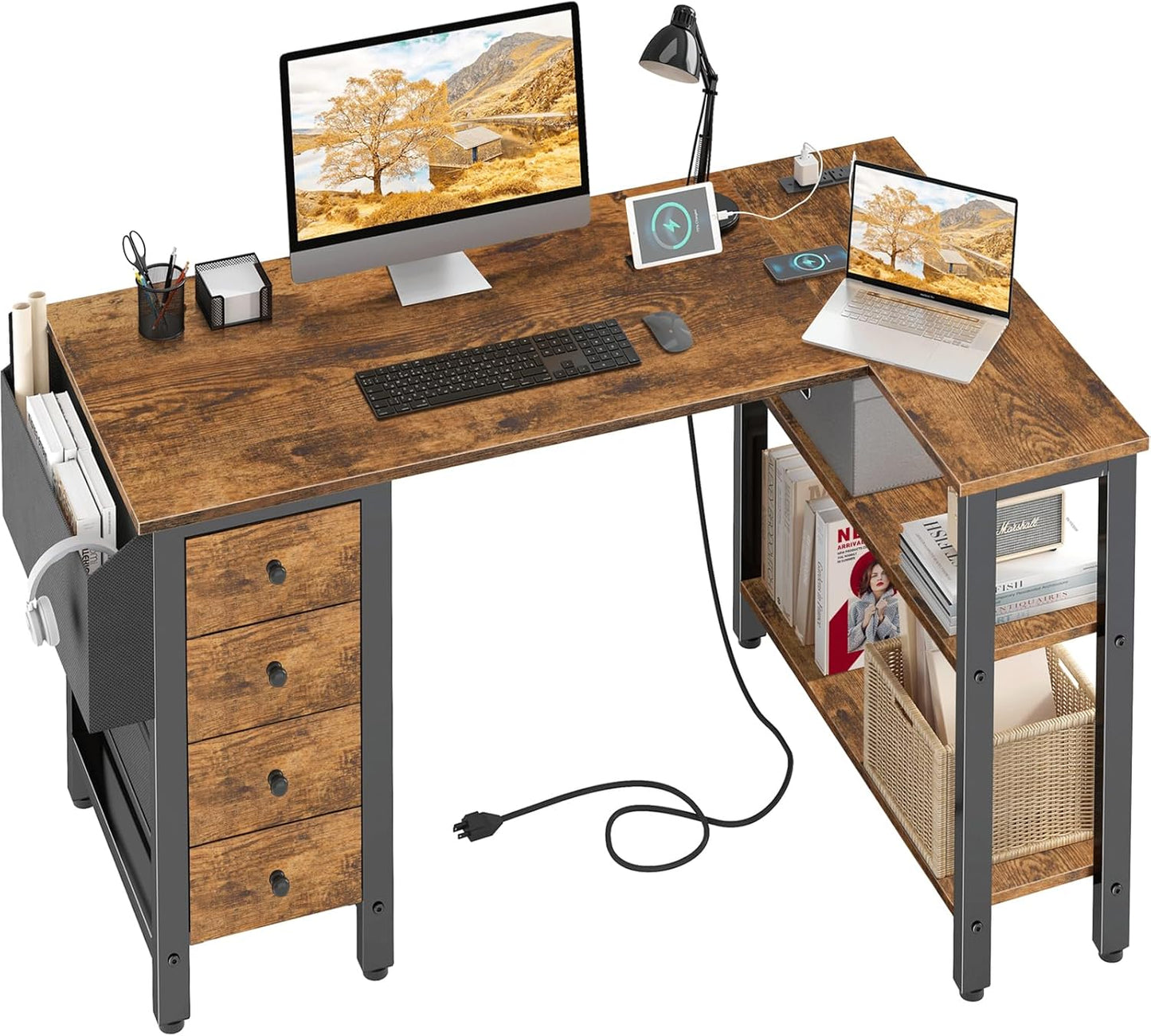 Lufeiya White L Shaped Computer Desk with Drawers & Storage Shelves, 47 Inch Corner Reversible Desk with Power Outlet for Home Office Bedroom, L-Shaped Teen PC Desks with Fabric Drawer, White