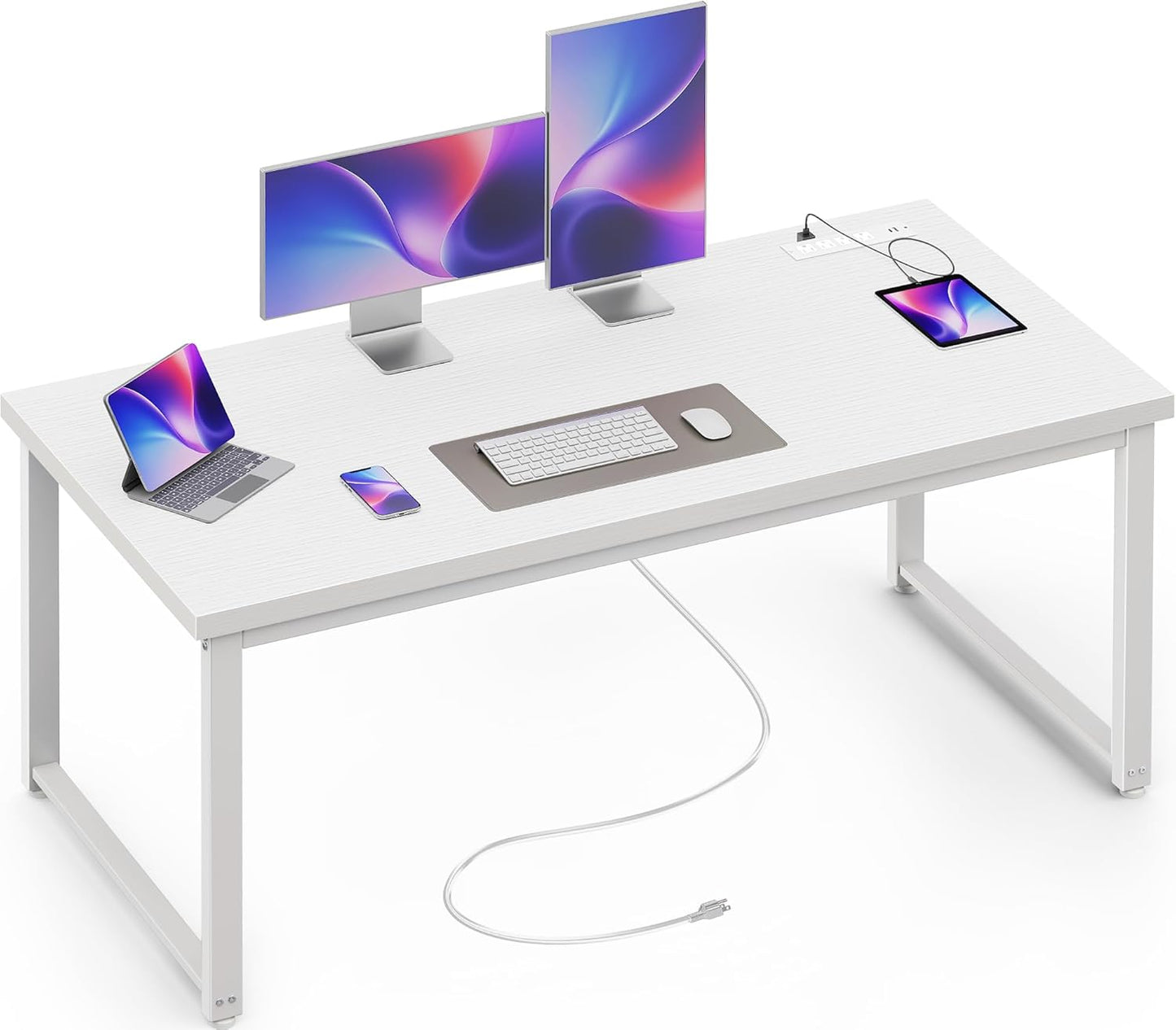 Huuger 63 x 24 inch Desk with Power Outlets & USB-C, Deeper & Thicker Desktop, Robust Metal Tubes, Computer Desk, Heavy Duty Office Desk, Work Gaming Desk, for Home Office, White