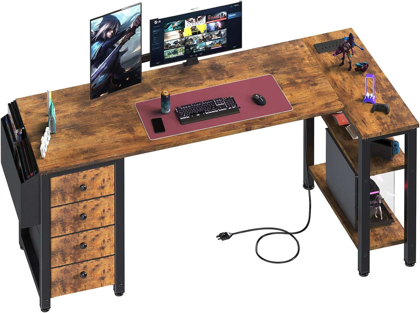 Lufeiya White L Shaped Computer Desk with Drawers & Storage Shelves, 47 Inch Corner Reversible Desk with Power Outlet for Home Office Bedroom, L-Shaped Teen PC Desks with Fabric Drawer, White
