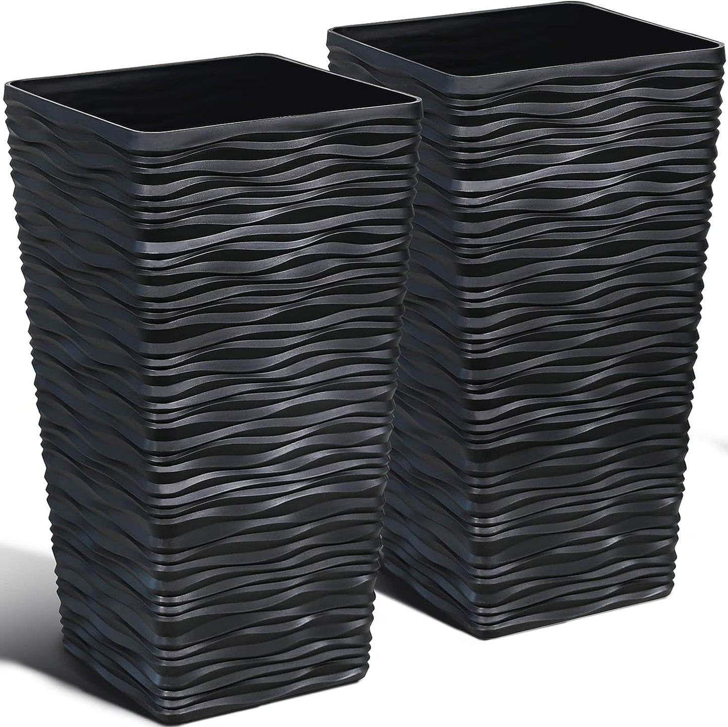 Worth Garden 22" Tall Planters Set of 2 - Plastic White Square Plant Pots - Modern Big Tapered Matte Wavy Tree Flower Pot for Indoor Outdoor Porch Deck